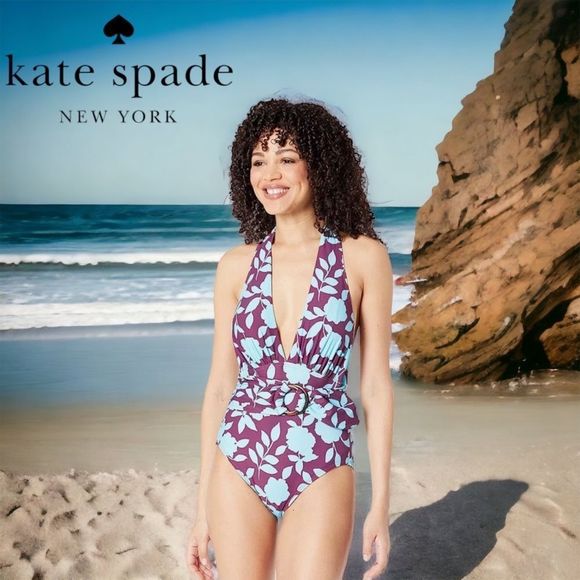 ☀️☀️☀️ Kate Spade Geranium Grove Belted Plunge Halter One Piece - Picture 2 of 9